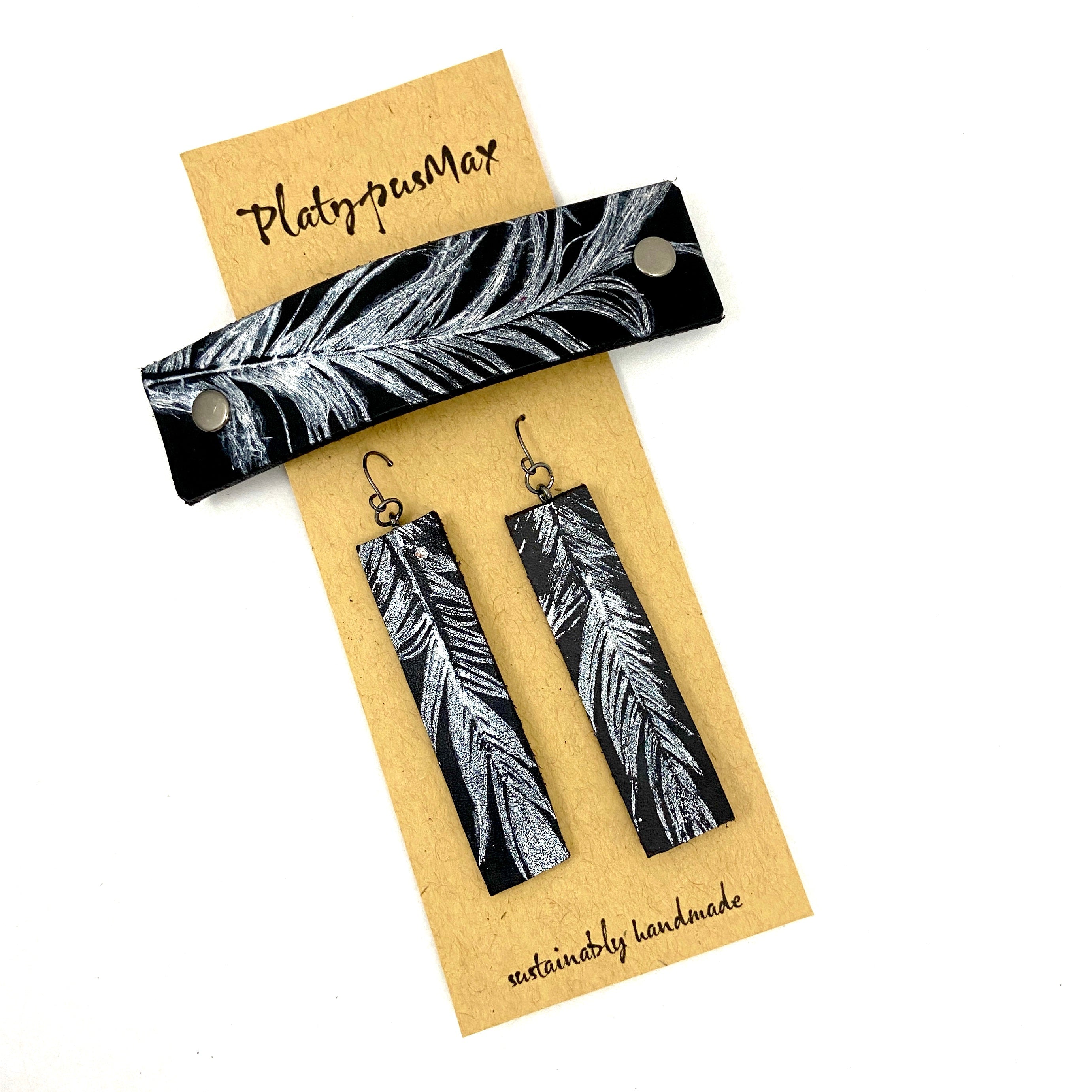 Silver Feather Black Leather Barrette And Earring Gift Set - Rosetta Creative Boutique